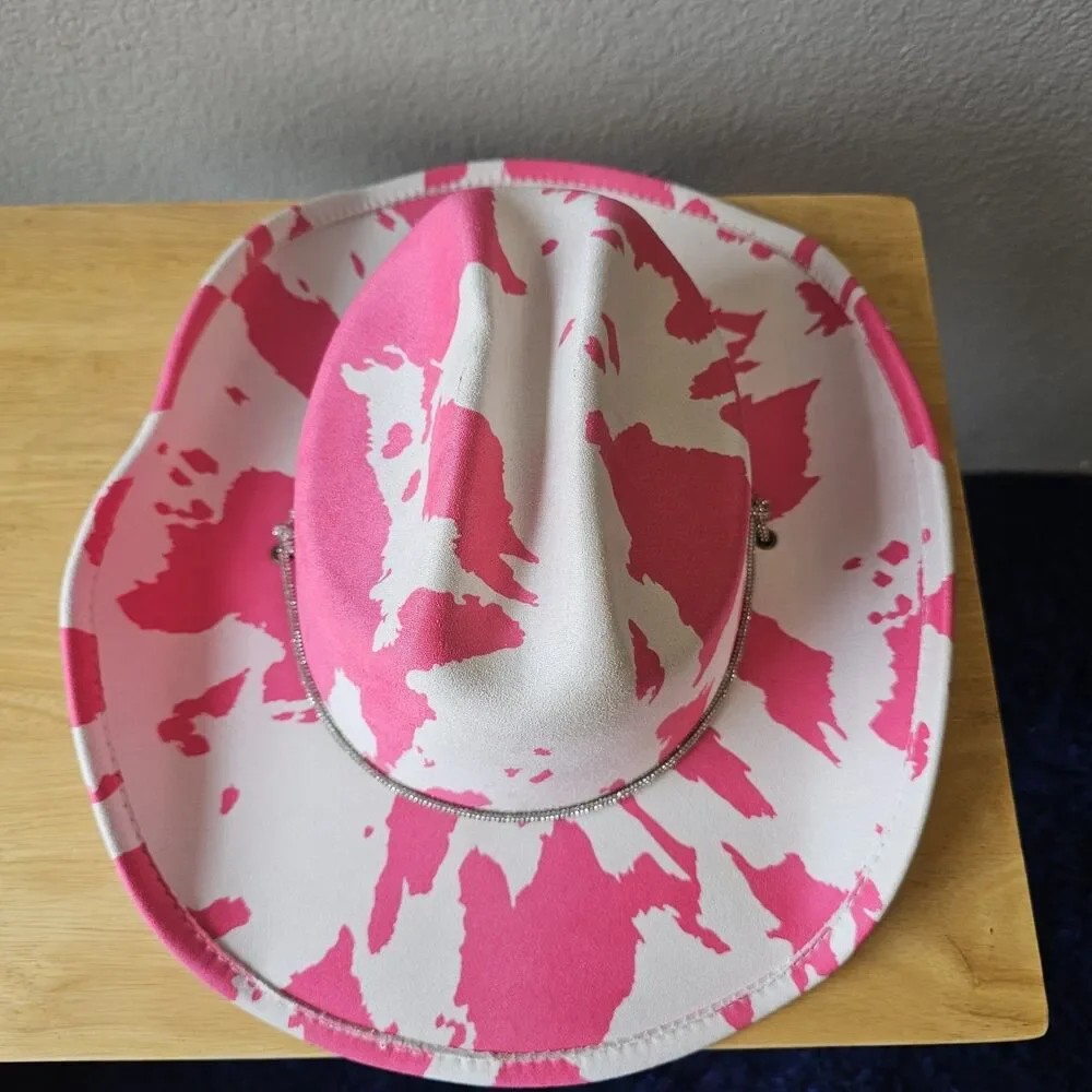 Pink Cow Print Cowboy Hat Western Cowgirl Festival Rodeo Adjustable Strap NWT
